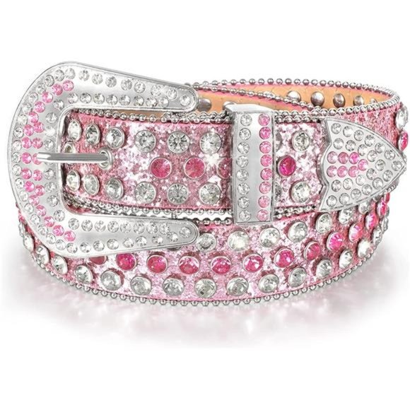 Women Men Rhinestones Belt F-pink